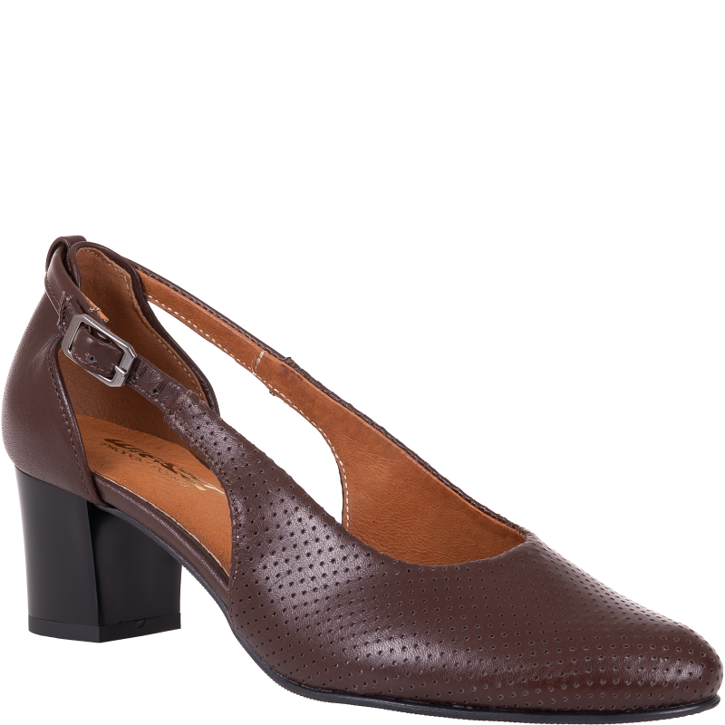 Czółenka damskie Wielbut 555 czekoladowe skórzane perforowane