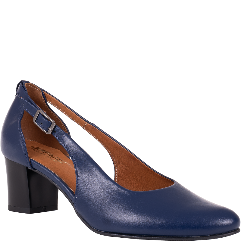 Granatowe czółenka skórzane z paskiem Wielbut 555/G na słupku