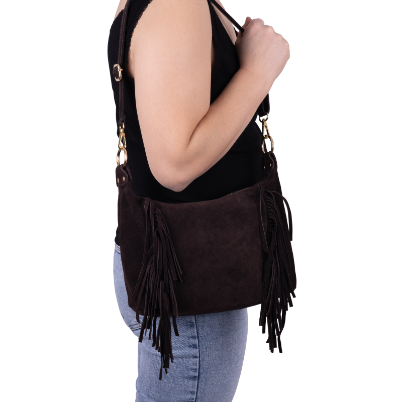 Torebka damska skórzana zamszowa brązowa frędzle casual